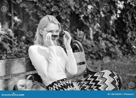 Girl Sit Bench Relaxing In Shadow Green Nature Background Woman Blonde With Sunglasses Dream
