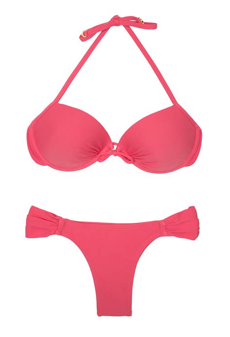 Pink Push Up Balconette Bikini Fixed High Cut Bottom Essencial Pink