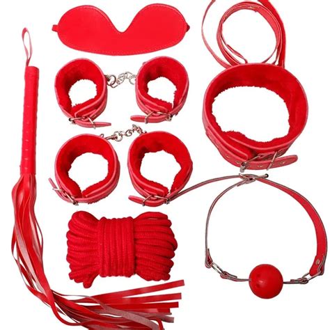 Bondage Set Hand Ankle Cuffs Eye Patch Collars Mouth Gag Rope Whip Sex