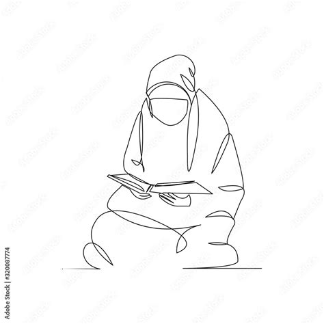 Continuous Line Drawing Of Muslim Women In Hijab Read Quran Vector
