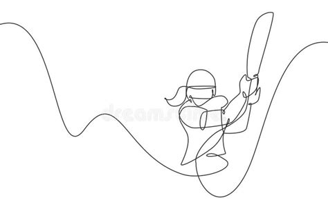 One Single Line Drawing Of Young Energetic Woman Cricket Player Hit The