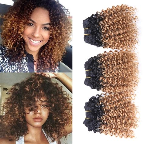 3 Bundles Bohemian Style Short Afro Kinky Curly Hair Wefts 8 Inches Ombre Blended Hair Weaves On