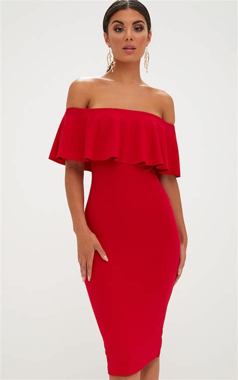 Red Bardot Frill Midi Dress Dresses Prettylittlething Usa