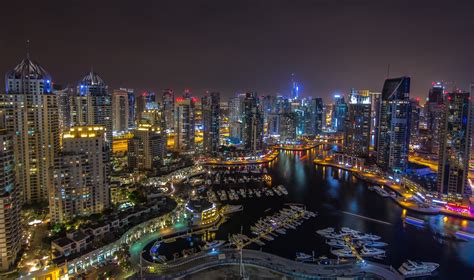 Dubai Uae Night City Panorama Roads Buildings Skyscraper Marina Harbor