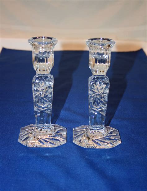 Vintage Pair 6 Inch Pressed Glass Candlesticks With Hand Cut Accents