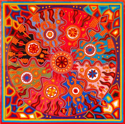 Peyote Inspired Huichol Shamanic Yarn Painting By José Benítez Sánchez