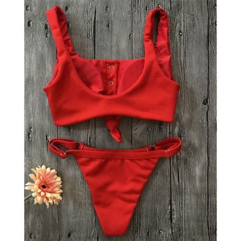 Swim Red Ribbed Buttoned Front Tie Knot Bikini Set Poshmark