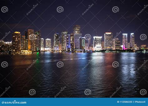 Miami City Skyline Panorama At Night Usa Skyscrapers Illumination