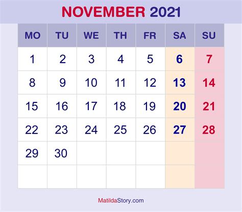 November 2021 Monthly Calendar Monthly Planner Printable Free