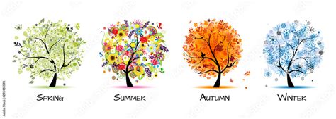 Vecteur Stock Four Seasons Spring Summer Autumn Winter Art Tree