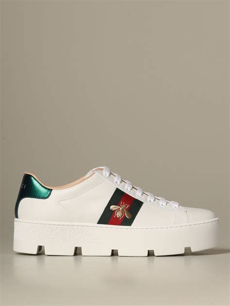 Gucci New Ace Sneakers In Leather With Platform Sole White Gucci
