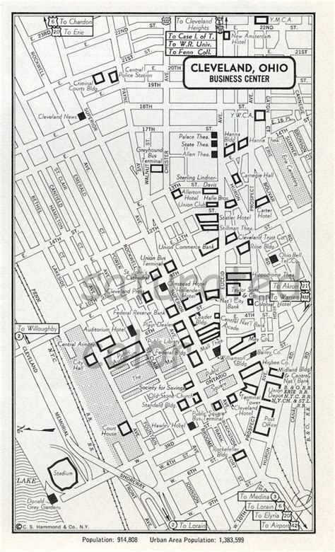 Cleveland Ohio Oh Map Vintage 1950s Original Heart Of