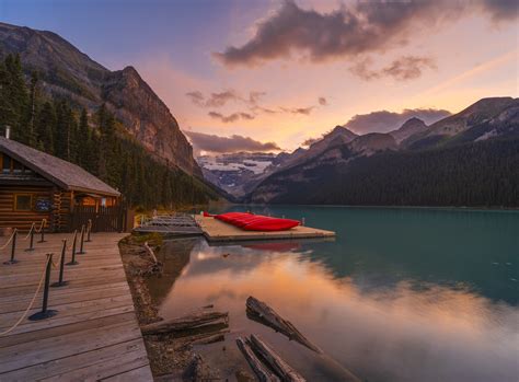 Lake Louise Boathouse Sunset Mountains Clouds Summer Storm Reflections