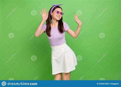 photo of cool brunette lady look promo wear band glasses t shirt skirt isolated on green