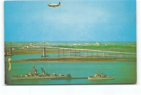 Naval Ships Cooper River Bridge Plane Charleston Sc Chrome Postcard Vtg