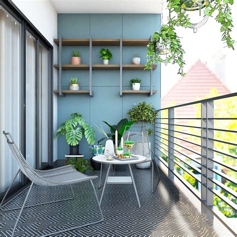 Stylish Contemporary Balcony Design With Blue Accent Wall And Stylish Furnishings Livspace