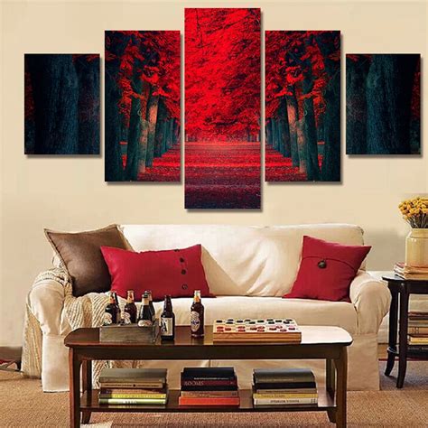 5 Piece Wall Art Beautiful Red Forest Modern Wall Painting On Canvas