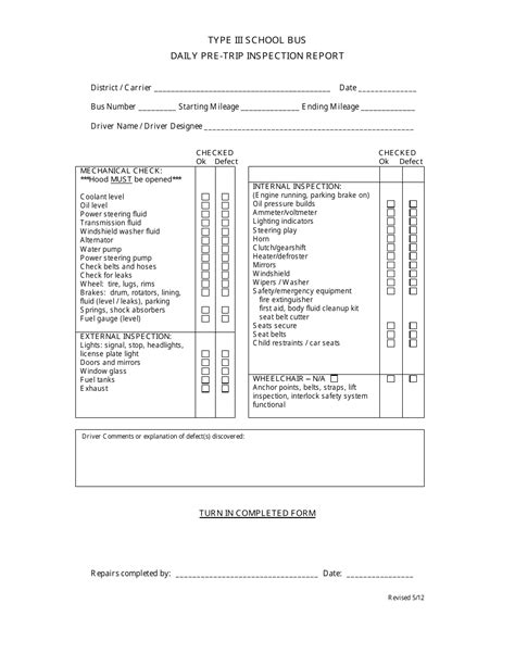 Pre Trip Inspection Form Template Printable Templates
