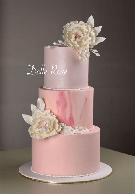3 Layer Fondant Wedding Cake Marbel Pink Gum Paste Flowers Amazing