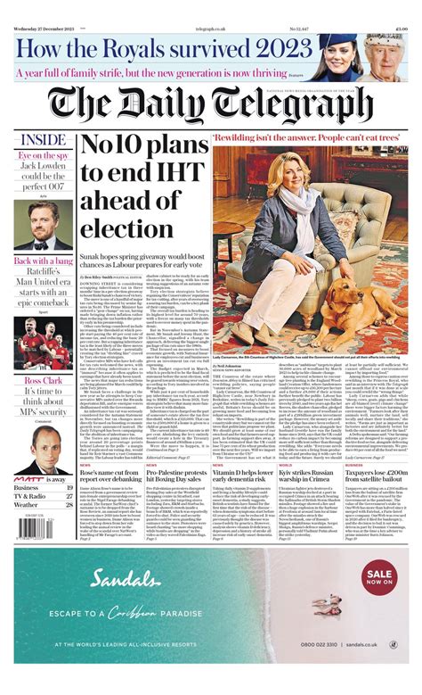 Daily Telegraph Front Page 27th Of December 2023 Tomorrows Papers Today