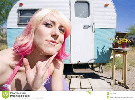 Woman In Front Of Travel Trailer Stock Photo Image Of Trailer