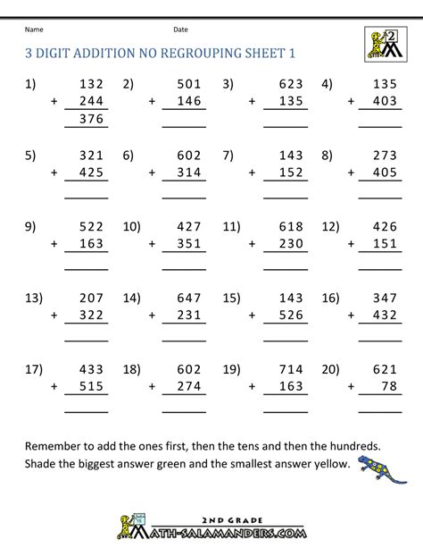 Adding Three Digit Numbers Without Regrouping Worksheet