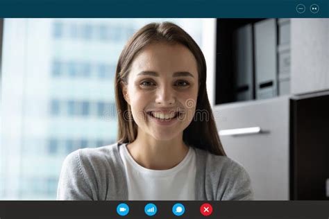 Headshot Portrait Of Smiling Woman Have Webcam Conference Stock Image
