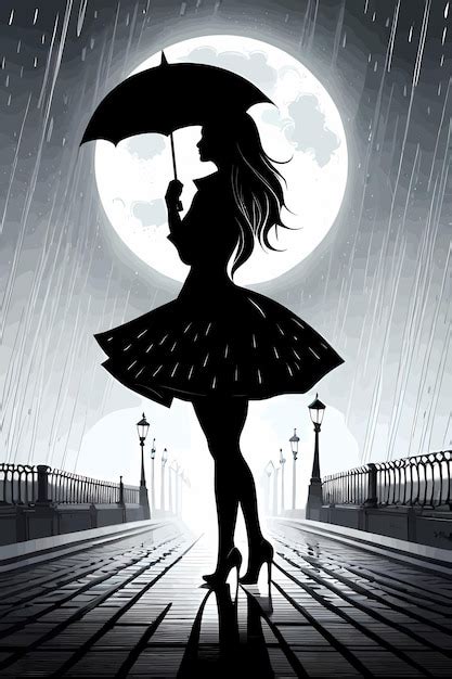 Premium Vector Girl Silhouette Under Umbrella In The Rain At Moonlit