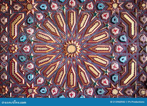 Close Up Of Colored Ornament On Wood In Traditional Islamic Style Stock