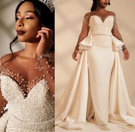 2019 African Mermaid Plus Size Wedding Dresses Overskirts Sheer Neck Long Sleeve Pearls Beaded