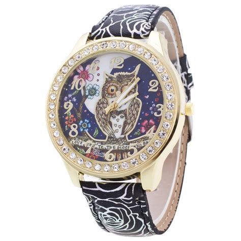 Lintimes Fashion Quartz Watch Women Crystal Rhinestone Owl Pattern Watches Ladies Dress Wrist