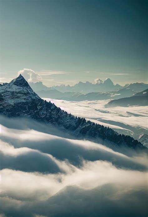 A Mountain With A Very Tall Peak Surrounded By Clouds And Fogs In The