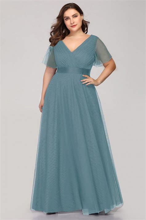 Dusty Blue Vneck Long Bridesmaid Dress Plus Size With Sheer Sleeves