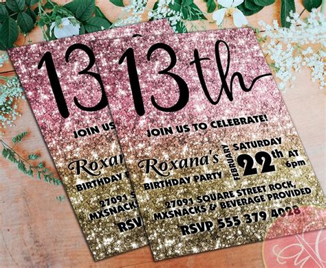 13th birthday invitation gold and rose gold glitter 13th etsy