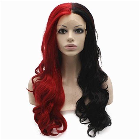 24inch Long Wavy Half Black Red Synthetic Lace Front Wig Wigs