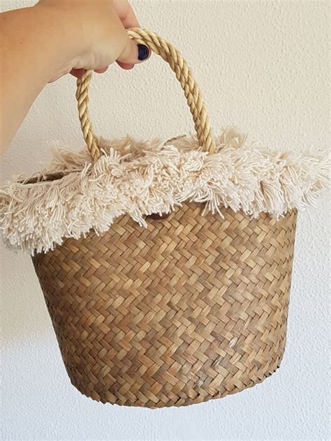 Fringe Trim Basket Straw Basket Handbag With Cotton Fringe Trim
