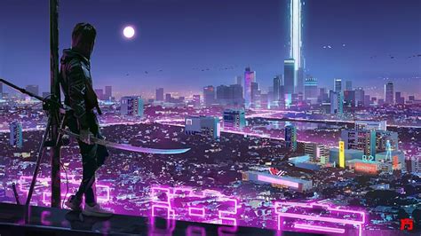 opere d arte spada cyberpunk luci al neon città notte chin fong luna piena sfondo hd
