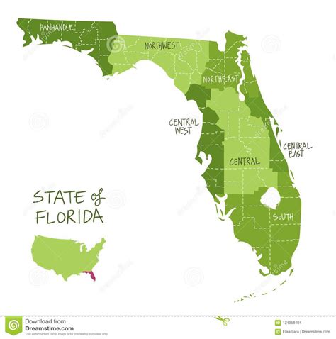 Mapa Dibujado Mano De La Florida Con Regiones Y Condados Ilustración