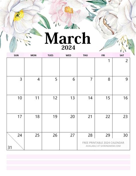 March 2024 Calendar Floral Becky Carolee