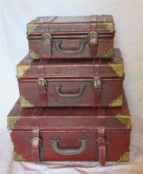 Leather Suitcases 3 Vintage Decorative Stacking By Hobbithouse