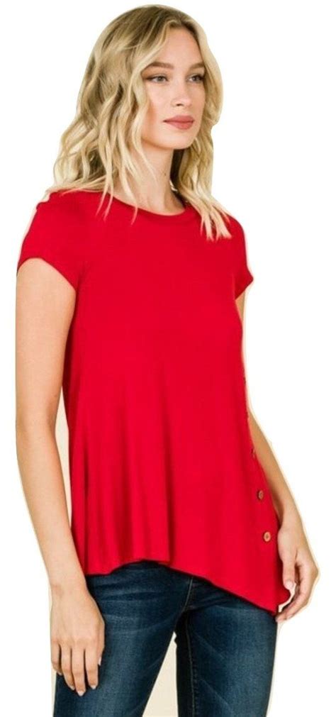 Womens Solid Red Tunic Top Side Buttons Smlxl Red Tunic Top