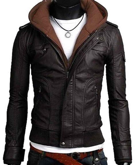 Men leather jacket, men brown fabric hooded leather jacket · Rangoli ...