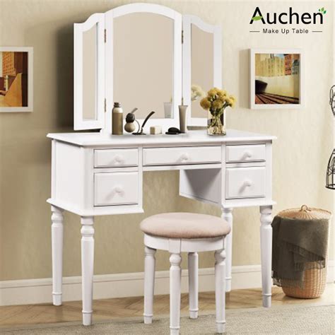 Vanity Table Set Auchen Tri Folding Mirror Makeup Dressing Table With