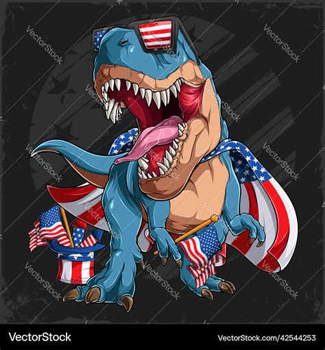4th Of July Blue T Rex Dinosaur Wearing Usa Flag Vector Image