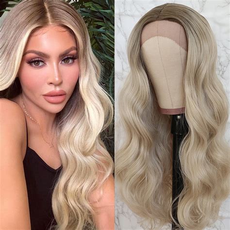 Ash Blonde Hair Body Wave Synthetic Lace Front Wigs Middle Deep Part Long Wavy Lace Front Blonde