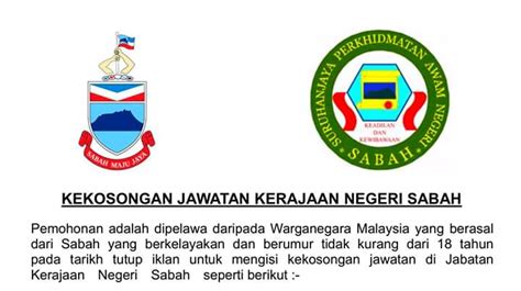 Permohonan kekosongan ini dibuka sepanjang tahun 2018 kepada mereka yang berminat untuk menjadi sebahagian daripada. 503 KEKOSONGAN Jawatan Kerajaan Negeri Sabah kini dibuka ...