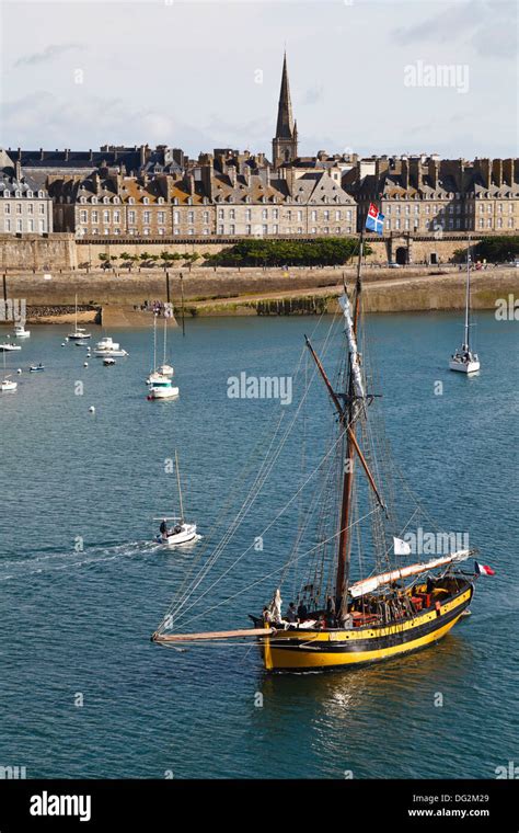 Sailing Ship Leaving Saint Malo Harbour Brittany France Stock Photo