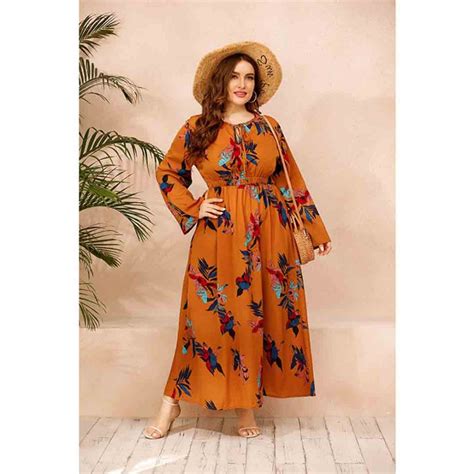 Rust Orange Floral Fall Autumn Plus Size Long Maxi Dress Apricus