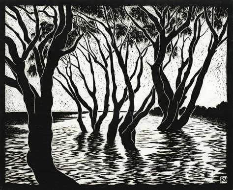Landscape Trees And Water Linocuts Linocut Woodcut Art Linocut Prints
