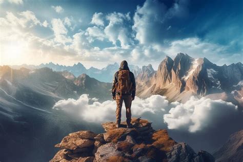 Premium Ai Image Mountain Hiker Summit View Generative Ai